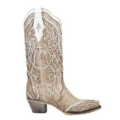 Pre-owned Corral Boots Studded Tooledinlay Snip Toe Cowboy Womens Beige Dress Boots A3837
