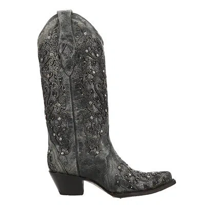Pre-owned Corral Boots Studded Tooledinlay Snip Toe Cowboy Womens Grey Casual Boots A3672 In Gray