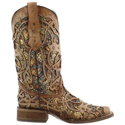Pre-owned Corral Boots Tooledinlay Studded Sequins Square Toe Cowboy Womens Brown Casual