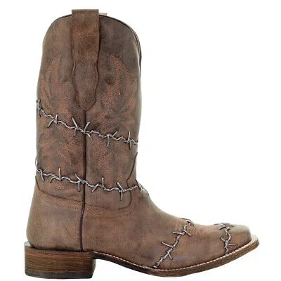 Pre-owned Corral Boots Wire Embroidered Square Toe Cowboy Mens Brown Casual Boots A3532