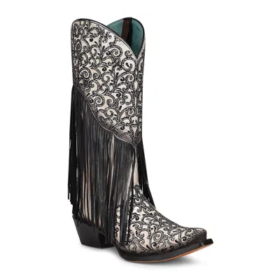Pre-owned Corral Boots Women's Corral Glitter Fringe Leather Western Boot C3877 In Black