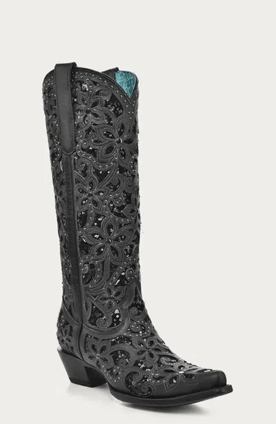Corral Cowhide Embroidered Inlay Studded Snip Toe Tall Boots In Black