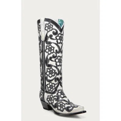 Corral Cowhide Embroidered Overlay Floral Snip Toe Tall Boots In White/black