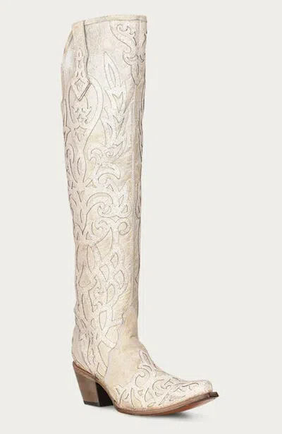 Corral Cowhide Embroidered Overlay Glitter Snip Toe Tall Boots In White