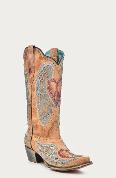 Corral Cowhide Embroidered Overlay Studded Snip Toe Western Boots In Brown