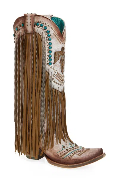Corral Cowhide Lamb Embroidered Crystal Accent Snip Toe Western Boots In Brown