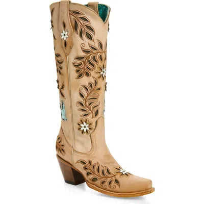 Corral Flower & Bird Cutout Cowboy Boot In Nude