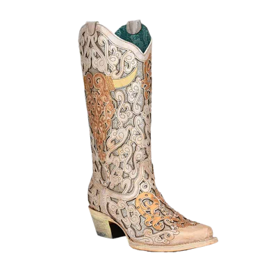 Pre-owned Corral ® Ladies White Glitter Inlay & Bull Skull Embroidery Boots A4408