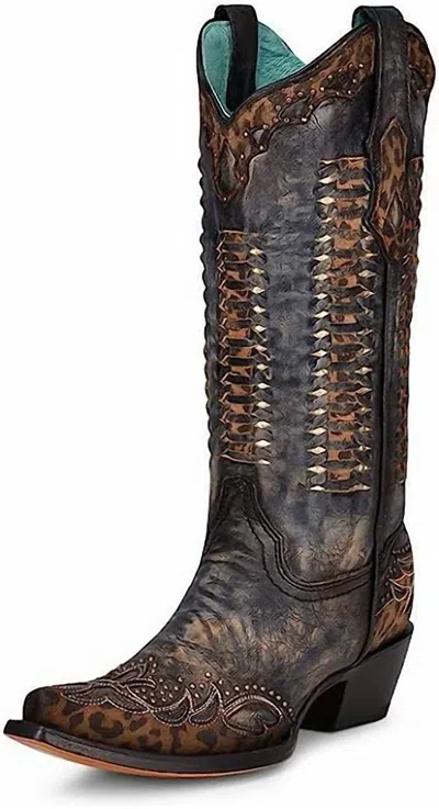Corral Leopard Print Overlay Studded Boots In Black In Blue