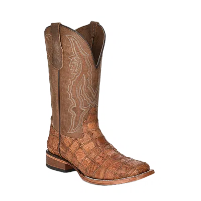 Pre-owned Corral Men's Cognac Caiman Patchwork Wide Square Toe Boots L5950 In Brown