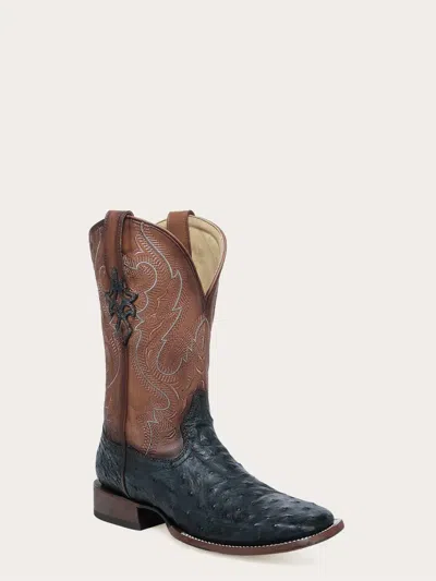 Corral Men's Embroidery Ostrich Wide Square Toe Cowboy Boot In Brown/ Navy Blue