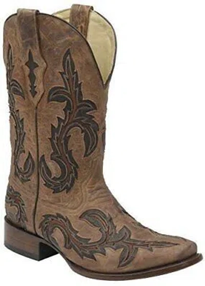 Pre-owned Corral Men's Tan With Chocolate Inlay Square Toe Cowboy Boots G1137 In Brown