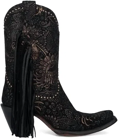 Corral Stamped Floral Suede And Studs With Fringe Boot In Black Gold