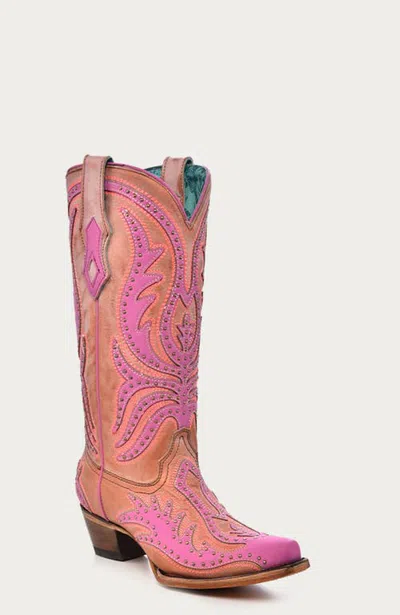 Corral Stitched Leather Overlay Studded Snip Toe Western Boots In Pink