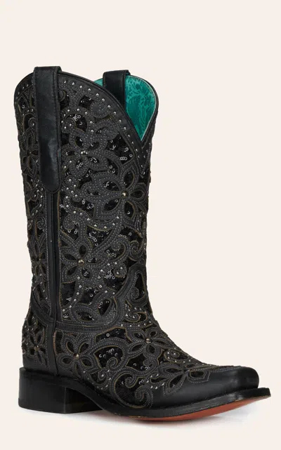 Corral Women's Black Glitter Inlay Studded Wide Square Toe Cowboy Boots