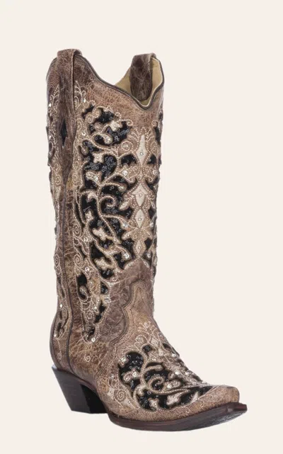 Corral Women's Brown & Black Sequin Inlay With Embroidery & Studs Cowboy Snip Toe Boots