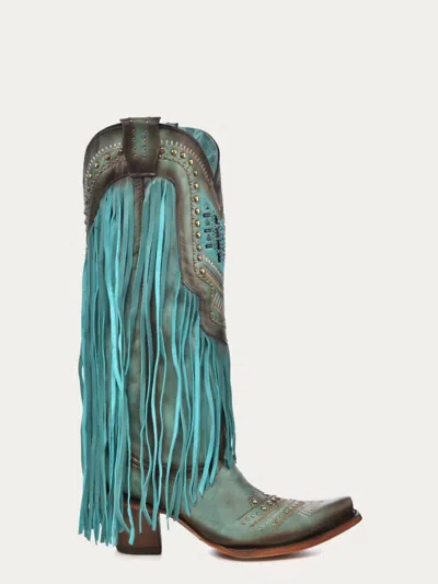 Corral Women's Crystals Lamb Fringe Boot In Turquoise Multicolor