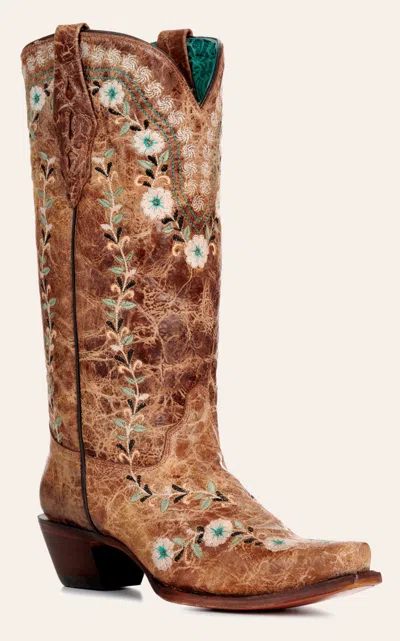 Corral Women's Distressed Cognac With Floral Embroidery Glow In The Dark Snip Toe Cowboy Boots In Brown