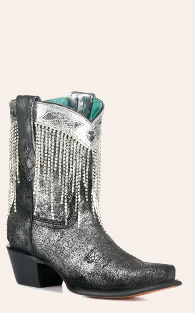 Corral Women's Distressed Metallic Black With Crystal Fringe Snip Toe Cowboy Booties In Multi