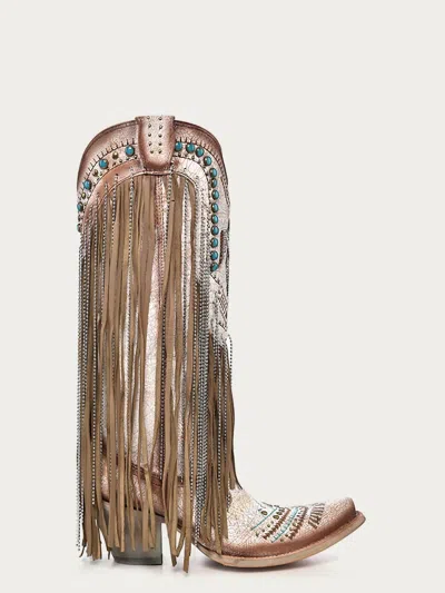 Corral Women's Embroidered Eagle With Lamb And Crystal Fringe Cowboy Boot In Beige In Multi