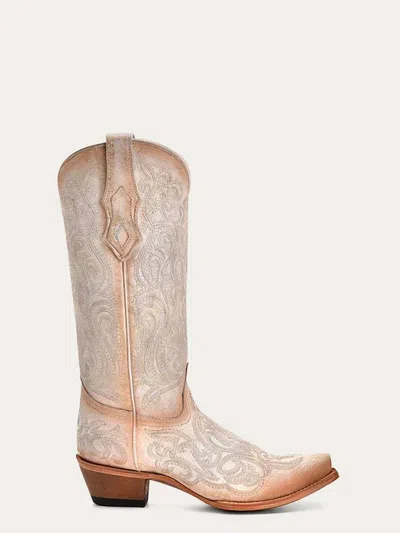 Corral Women's Embroidery Crackled Straw Snip Toe Cowboy Boot In Pink Luminescent In Multi