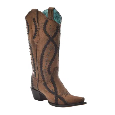 Corral Women's Embroidery Crystals And Studs Snip Toe Cowgirl Boots In Brown