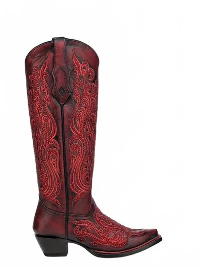 Corral Women's Embroidery Crystals Tall Snip Toe Boot In Red/black