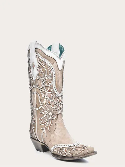 Corral Women's Embroidery Studs Crystals Cowboy Boot In White Overlay In Neutral