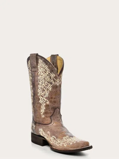 Corral Women's Floral Embroidery Square Toe Cowboy Boot In Bone Color In Brown