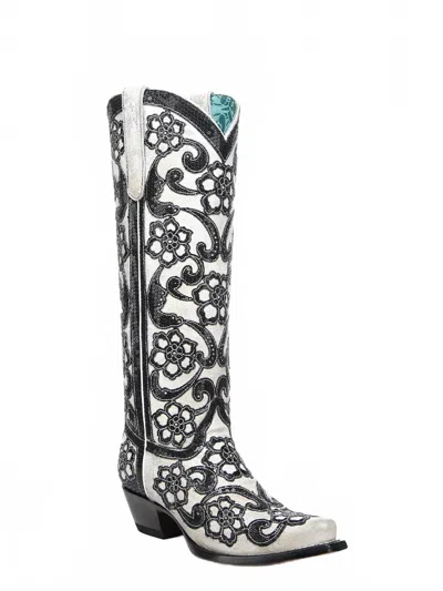 Corral Women's Floral Overlay Sequin Tall Western Boots In White In Black