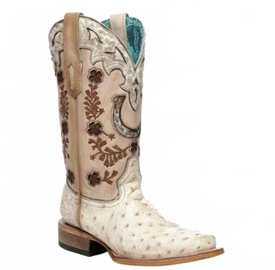 Corral Women's Full Quill Ostrich Wide Square Toe Boots In Ivory In White