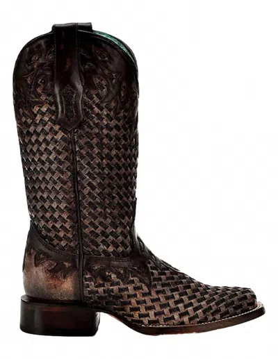 Corral Women's Glitter Woven Fashion Square Toe Boot In Chocolate In Burgundy