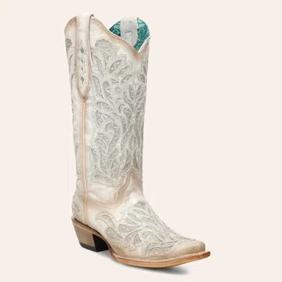 Corral Women's Ivory Glitter Inlay & Embroidery Snip Toe Cowboy Boots In White