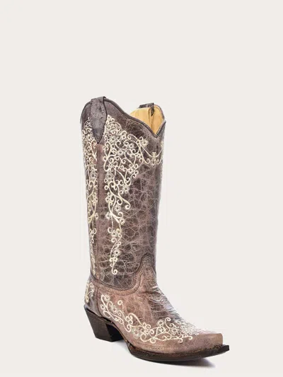 Corral Women's Lace A1094 Floral Embroidery Cowboy Boot In Bone In Neutral