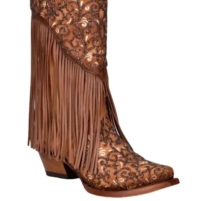 Corral Women's Overlay White Embroidery Lamb Fringe Snip Toe Cowboy Boot In Honey In Gold