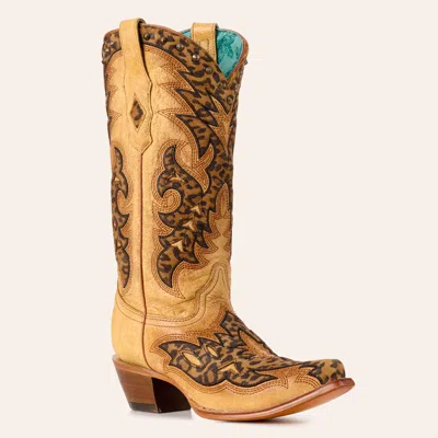 Corral Women's Tan Leopard Print Embroidered Snip Toe Cowboy Boots