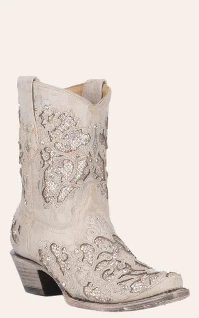 Corral Women's White Leather & Crystals Inlay Wedding Snip Toe Booties In Neutral