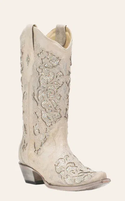 Corral Women's White With Glitter Inlay Bridal Snip Toe Cowboy Boots In Neutral