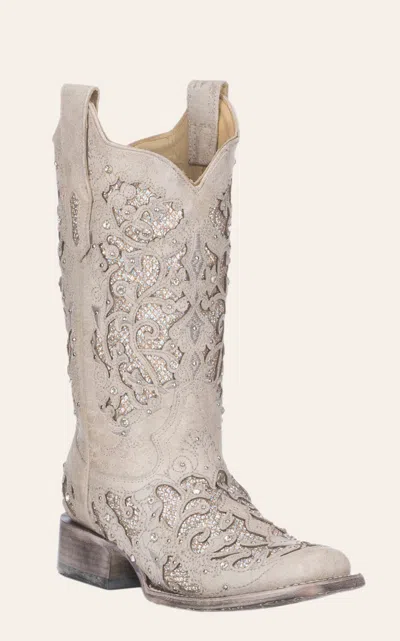 Corral Women's White With White Glitter & Crystals Inlay Wedding Square Toe Cowboy Boots