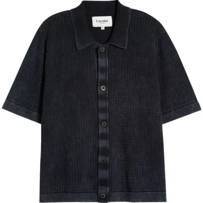 Corridor Acid Wash Pointelle Polo Top In Black