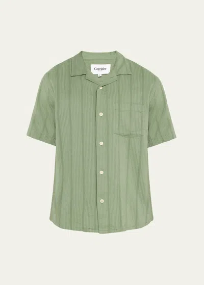 Corridor Striped Seersucker Short Sleeve Button-up Camp Shirt In Green