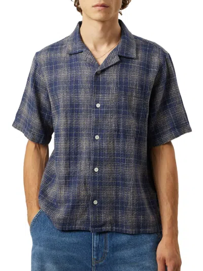 Corridor Camp-collar Checked Cotton And Linen-blend Gauze Shirt In Blue