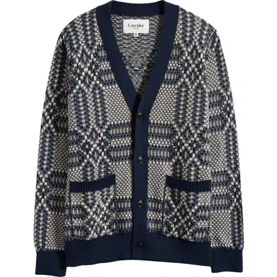 Corridor Overshot Geometric Intarsia Cardigan In Blue