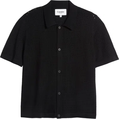 Corridor Pointelle Stitch Short Sleeve Cotton Knit Button-up Shirt In Black