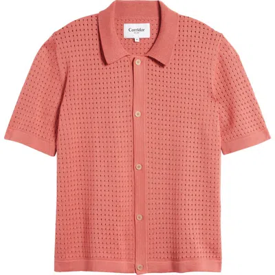 Corridor Pointelle Stitch Short Sleeve Cotton Knit Button-up Shirt In Pink