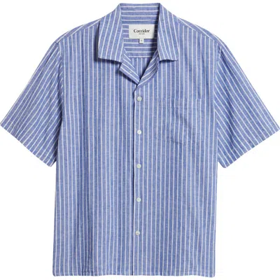 Corridor Stripe Linen & Cotton Camp Shirt In Blue