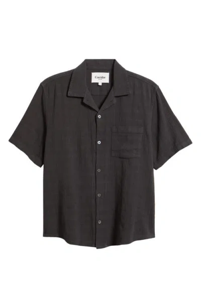Corridor Washed Dobby Check Cotton Seersucker Camp Shirt In Black
