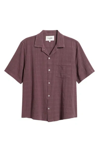 Corridor Washed Dobby Check Cotton Seersucker Camp Shirt In Purple