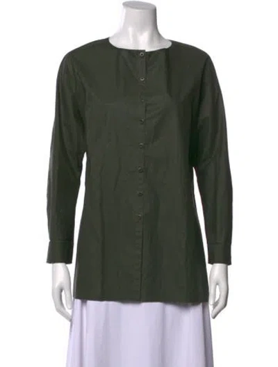 Pre-owned Cortana Crew Neck Long Sleeve Button-up Top In Green