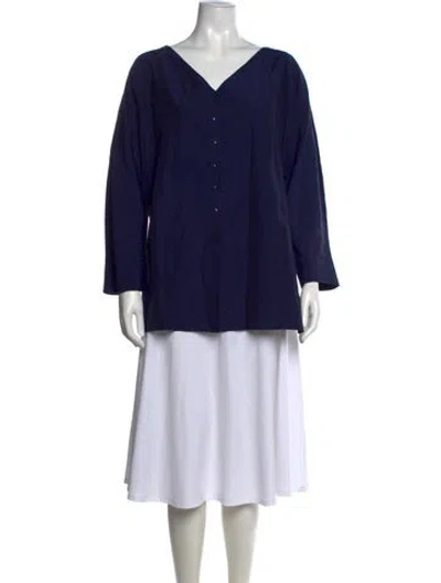 Pre-owned Cortana Linen V-neck Button-up Top In Blue